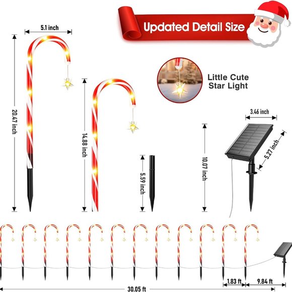 Outdoor Christmas Decor, 12 Pack Solar Christmas Candy Cane Lights with 9 Modes - Picture 7 of 7